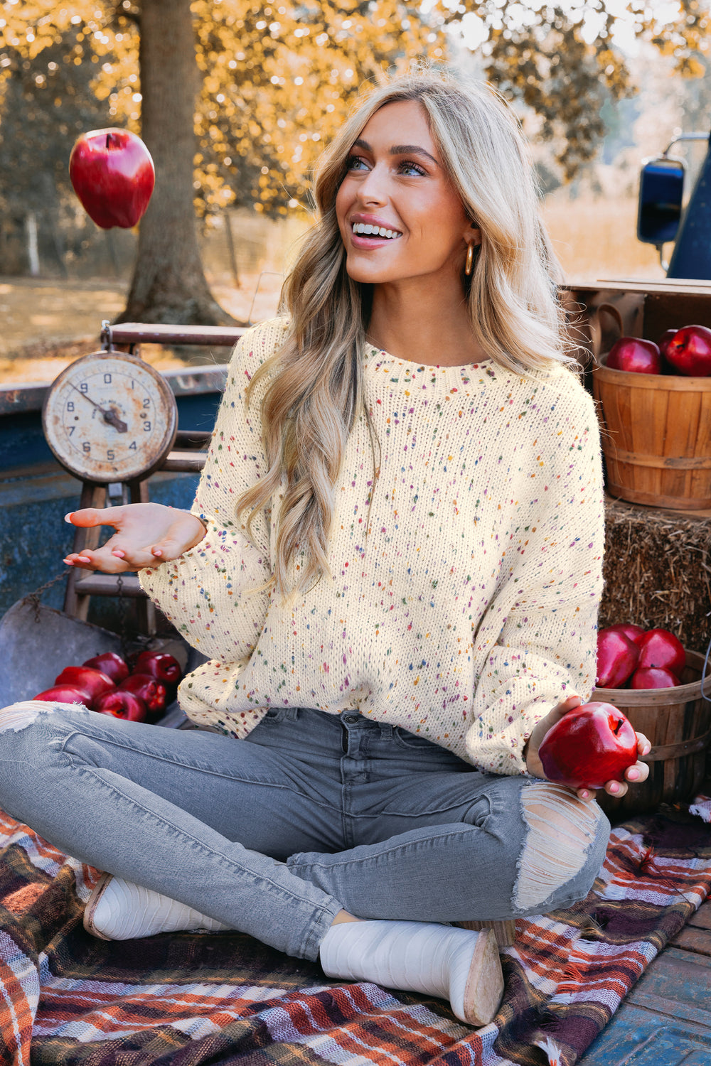 Rainbow Pom Pom Drop Sleeve Sweater