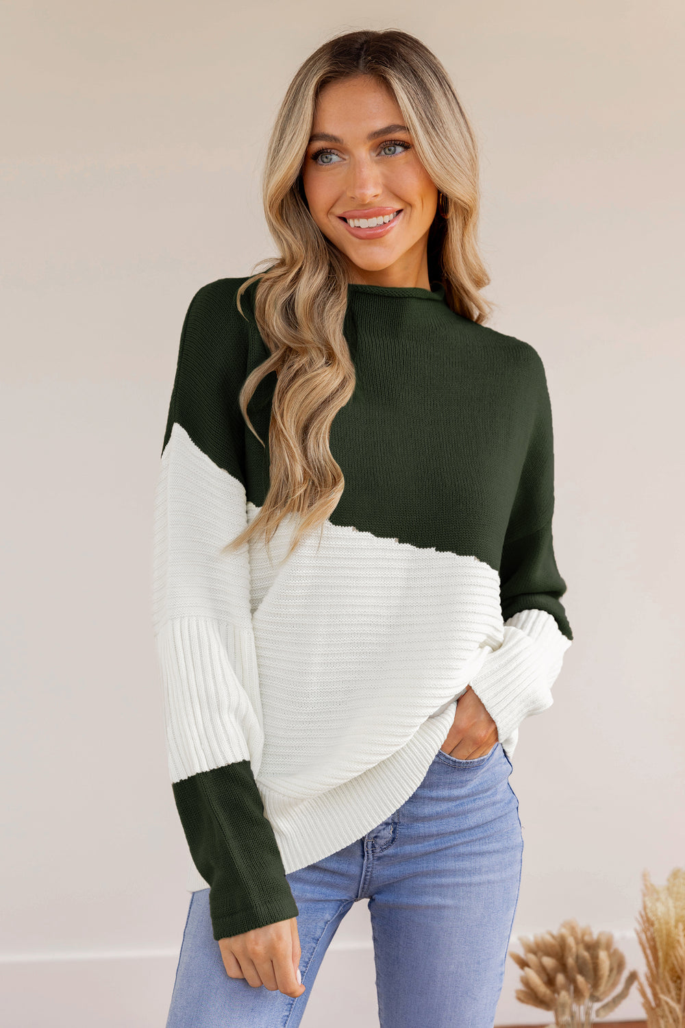 Asymmetrical Colorblock Standing Collar Sweater