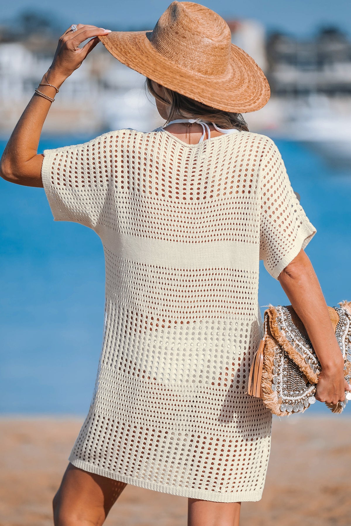 Beige Crochet Short Sleeve Cover-Up Mini Dress