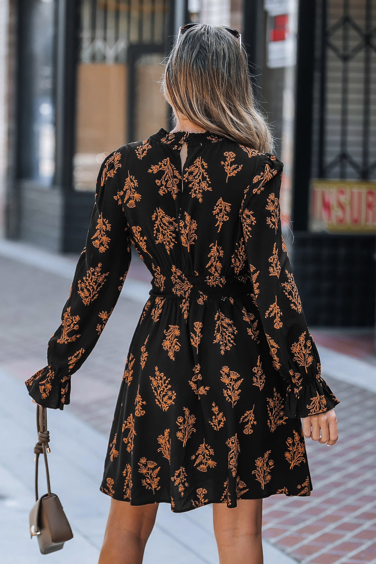 Black Floral Mockneck Blouson Sleeve Mini Dress