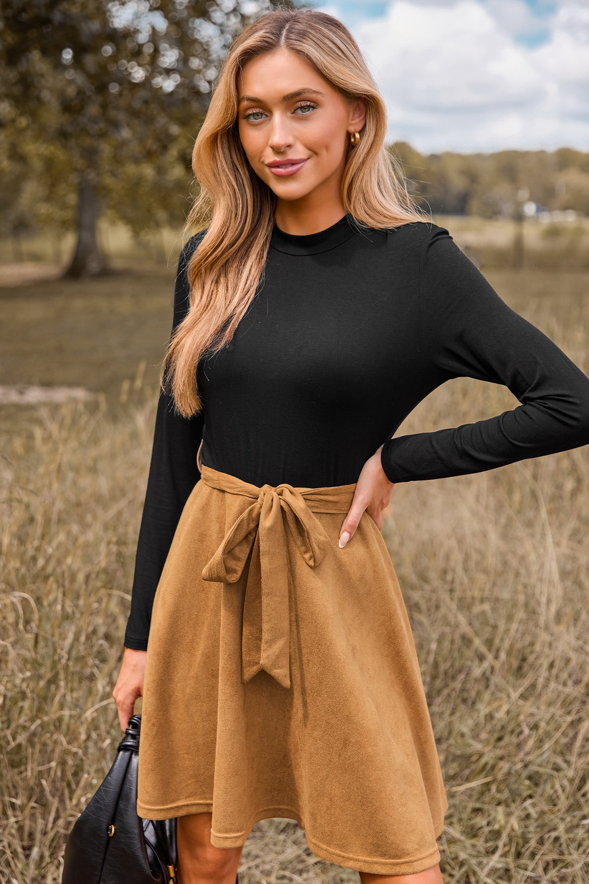 Black Long Sleeve Top Khaki Skirt Mini Dress