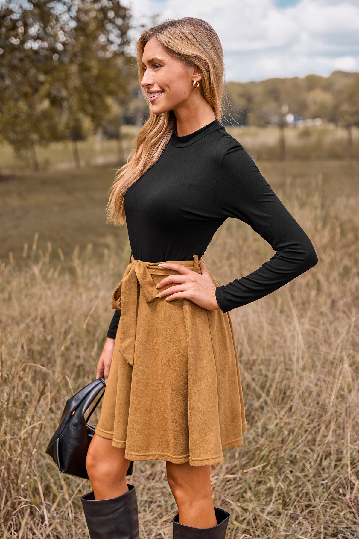 Black Long Sleeve Top Khaki Skirt Mini Dress