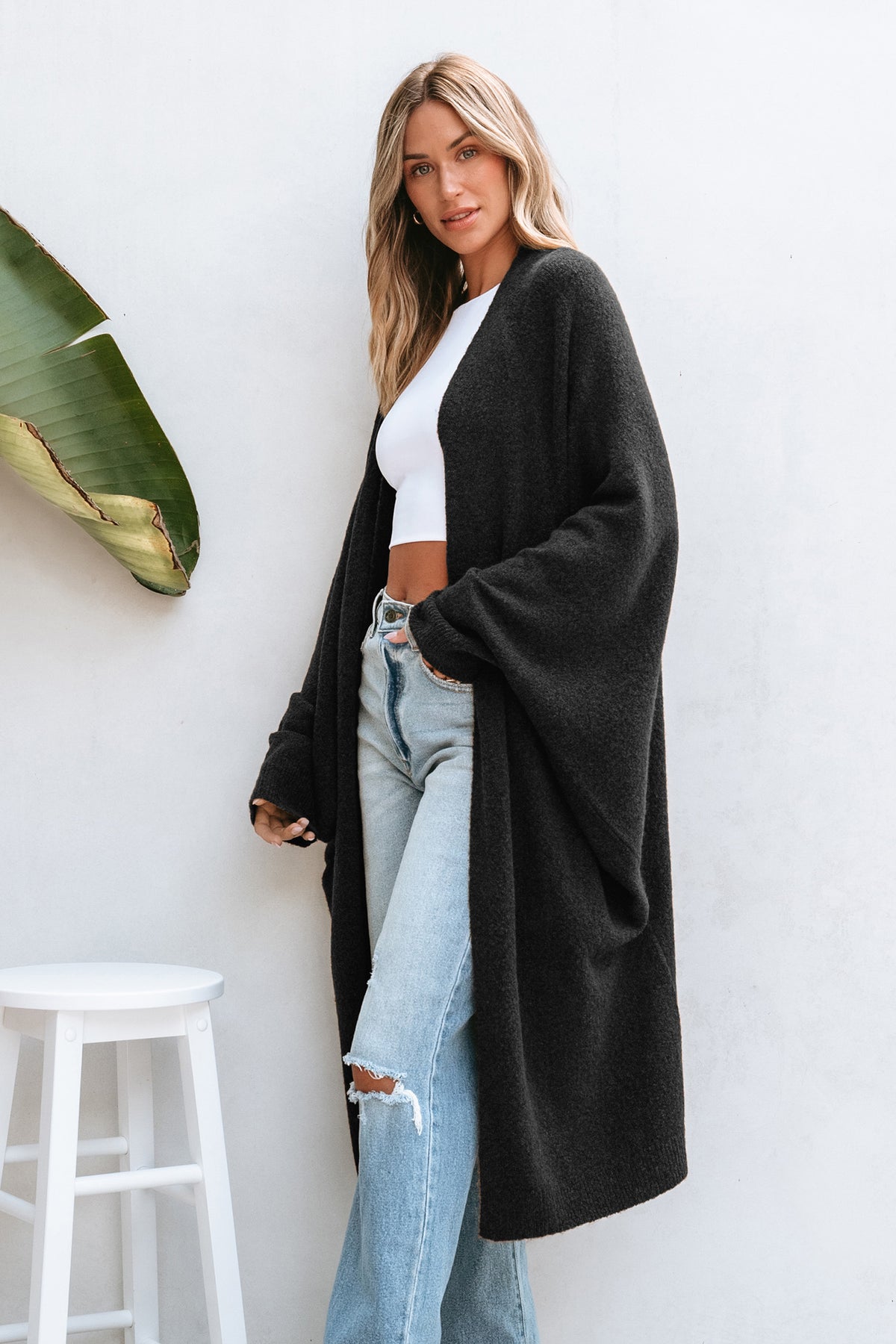 Black Open Front Dolman Sleeve Duster Cardigan