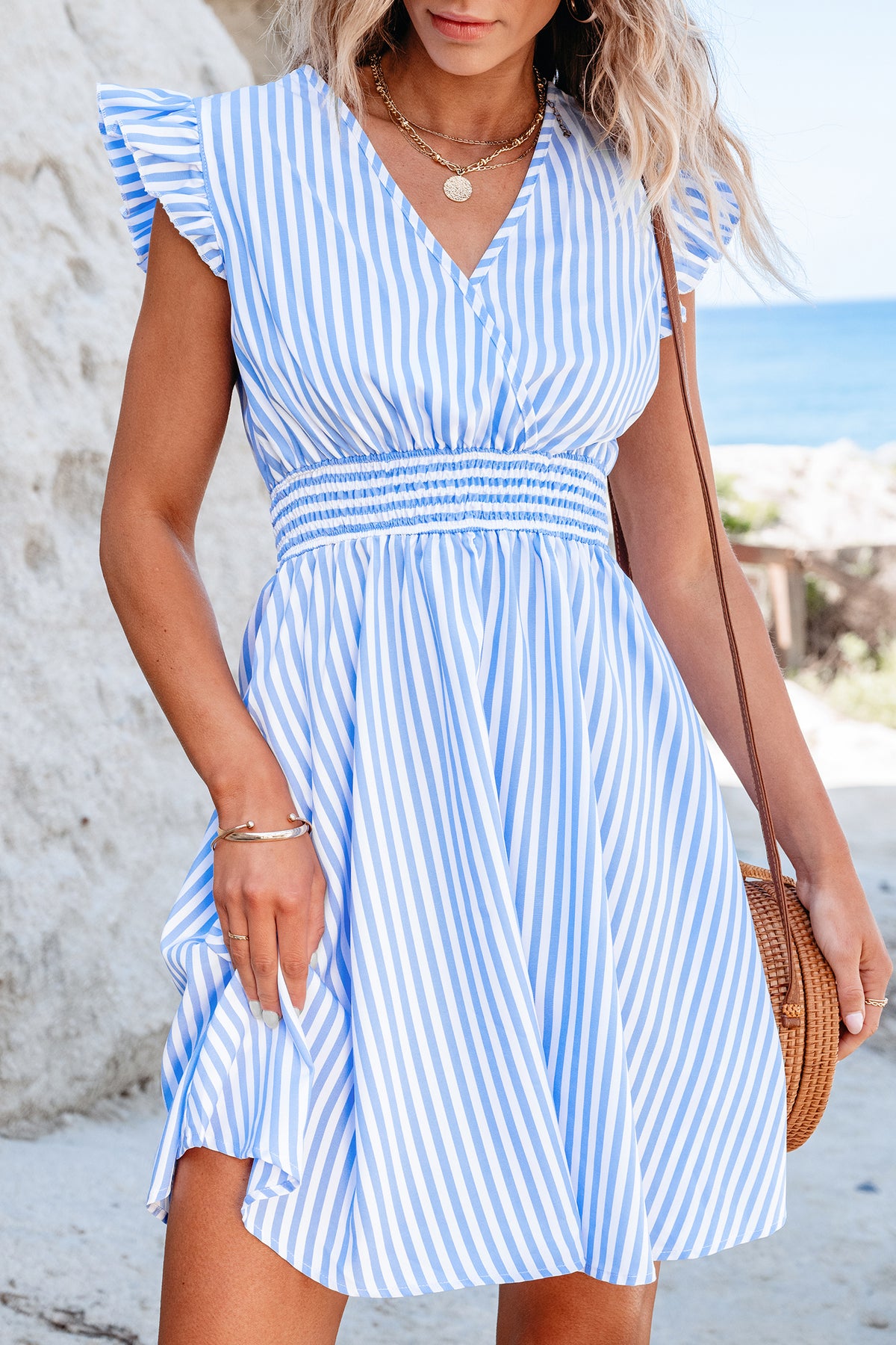 Blue & White Stripe Flutter Sleeve Smocked Waist Midi Dress