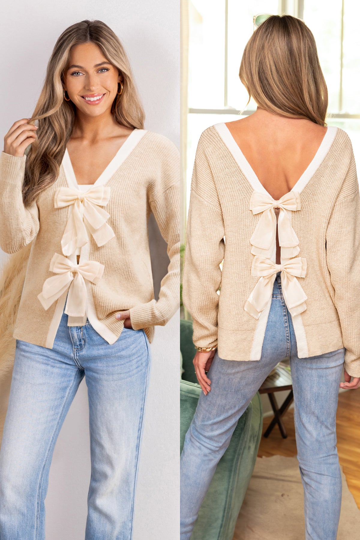 Bow Moment Beige Sweater