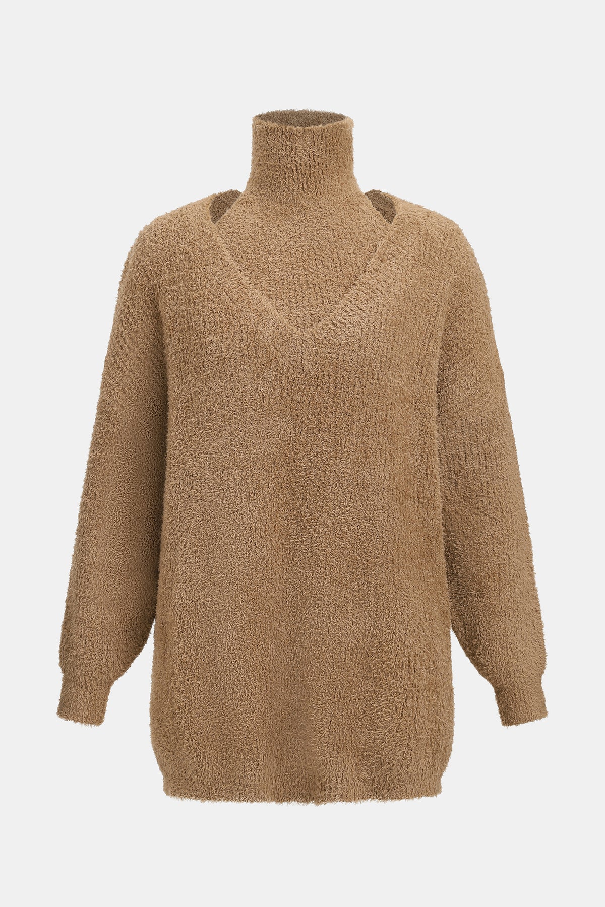 Brown Turtleneck Puff Sleeve Sweater Set