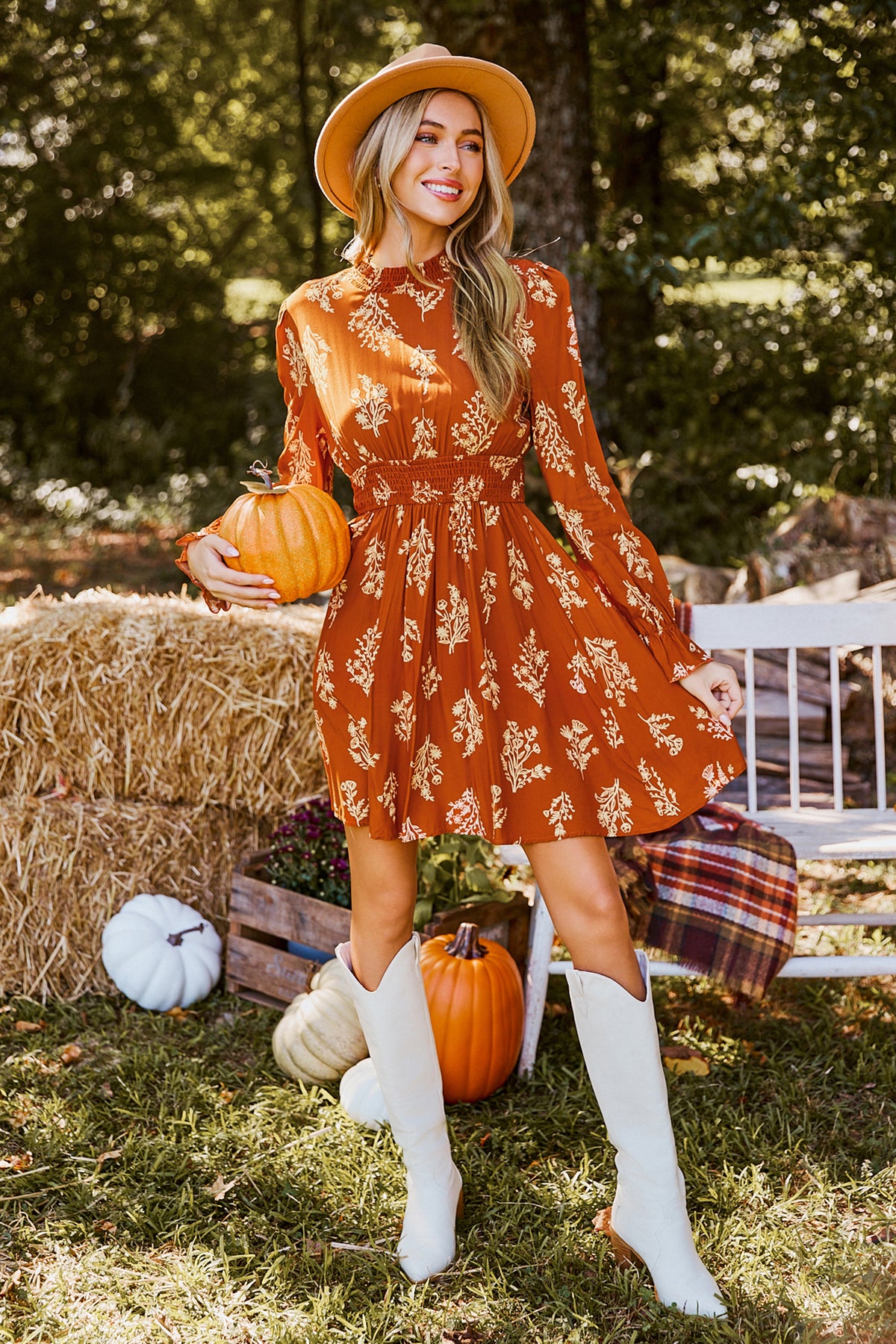 Burnt Orange Floral Blouson Sleeve Mini Dress