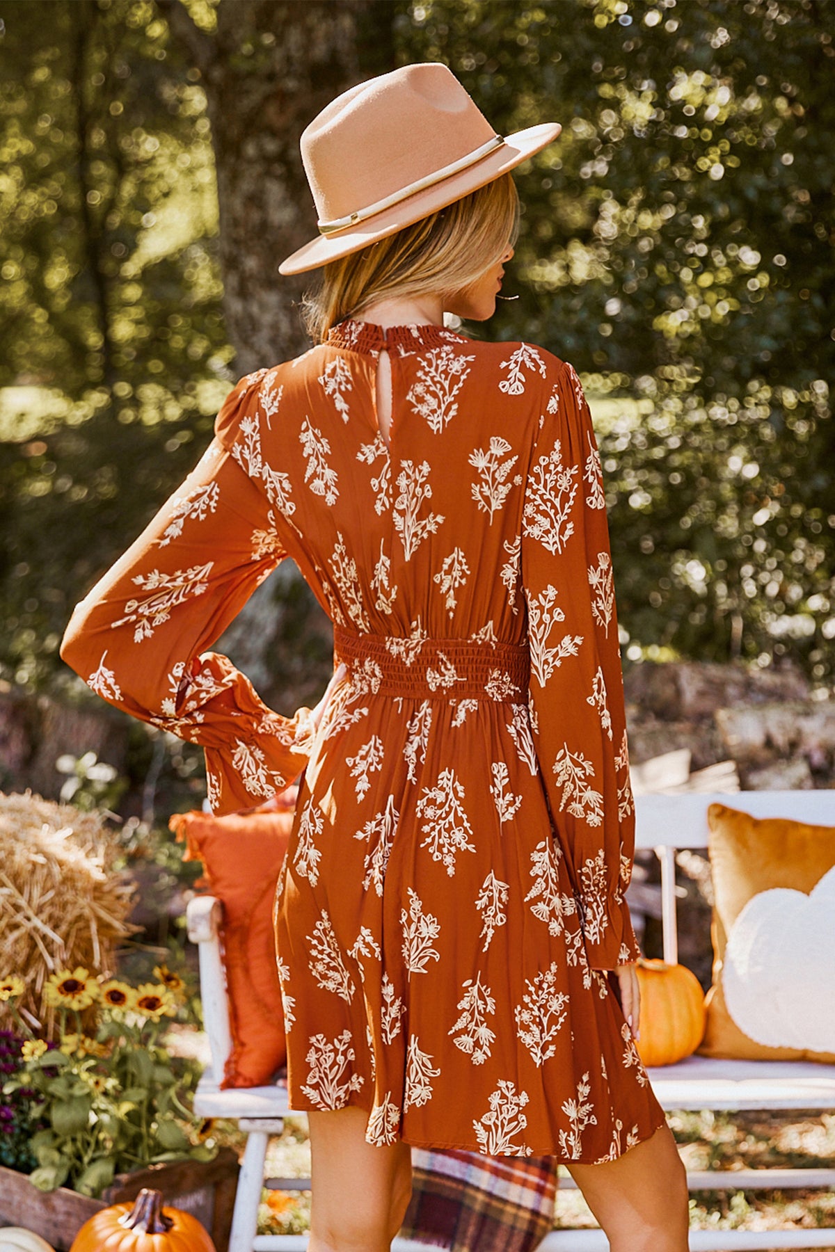 Burnt Orange Floral Blouson Sleeve Mini Dress