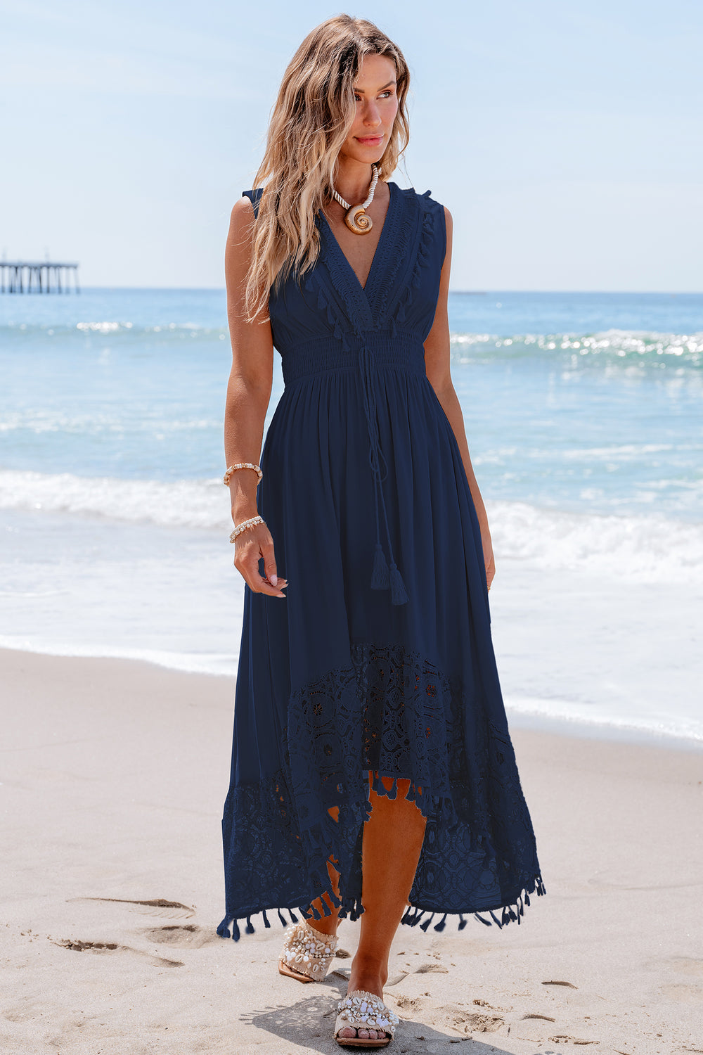 Contrast Lace Tassel Midi Dress