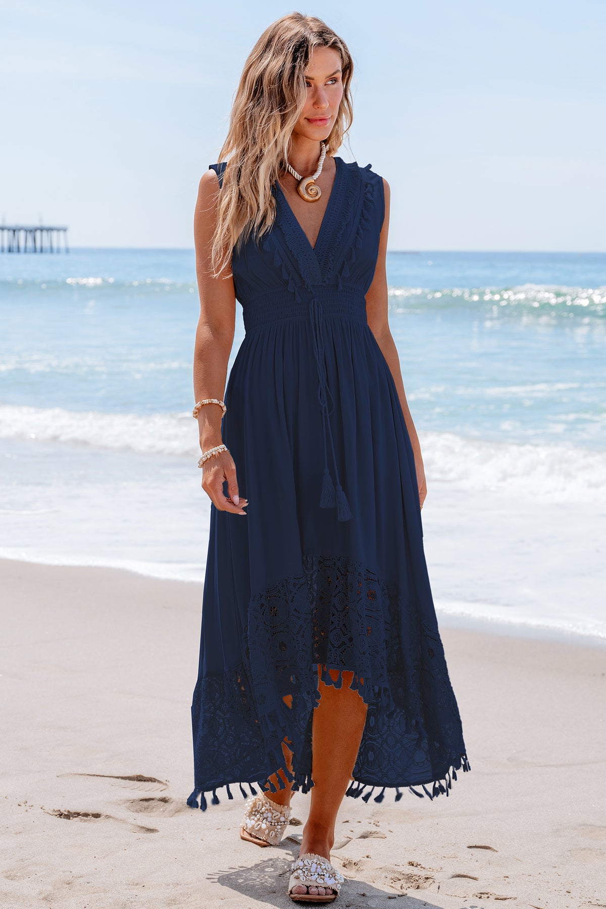 Contrast Lace Tassel Midi Dress