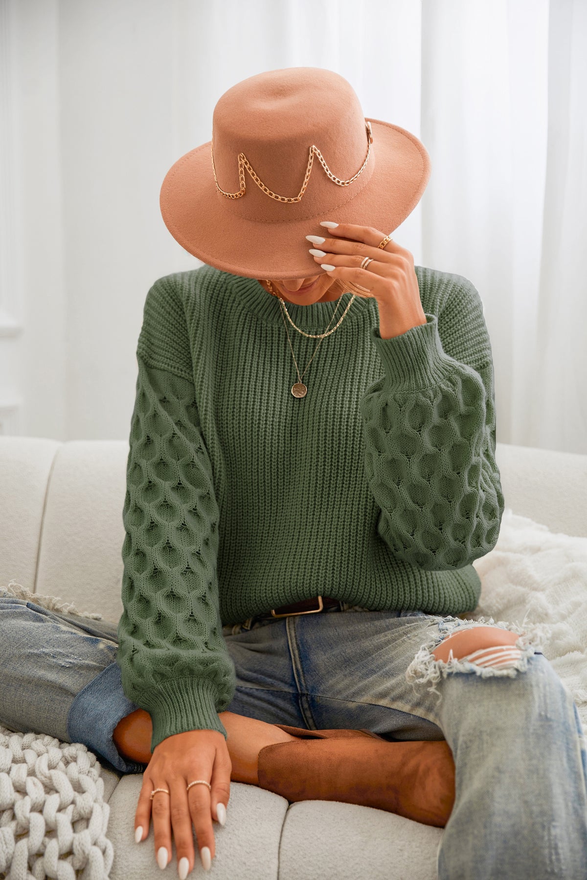 Green Honeycomb Puff Sleeve Sweater