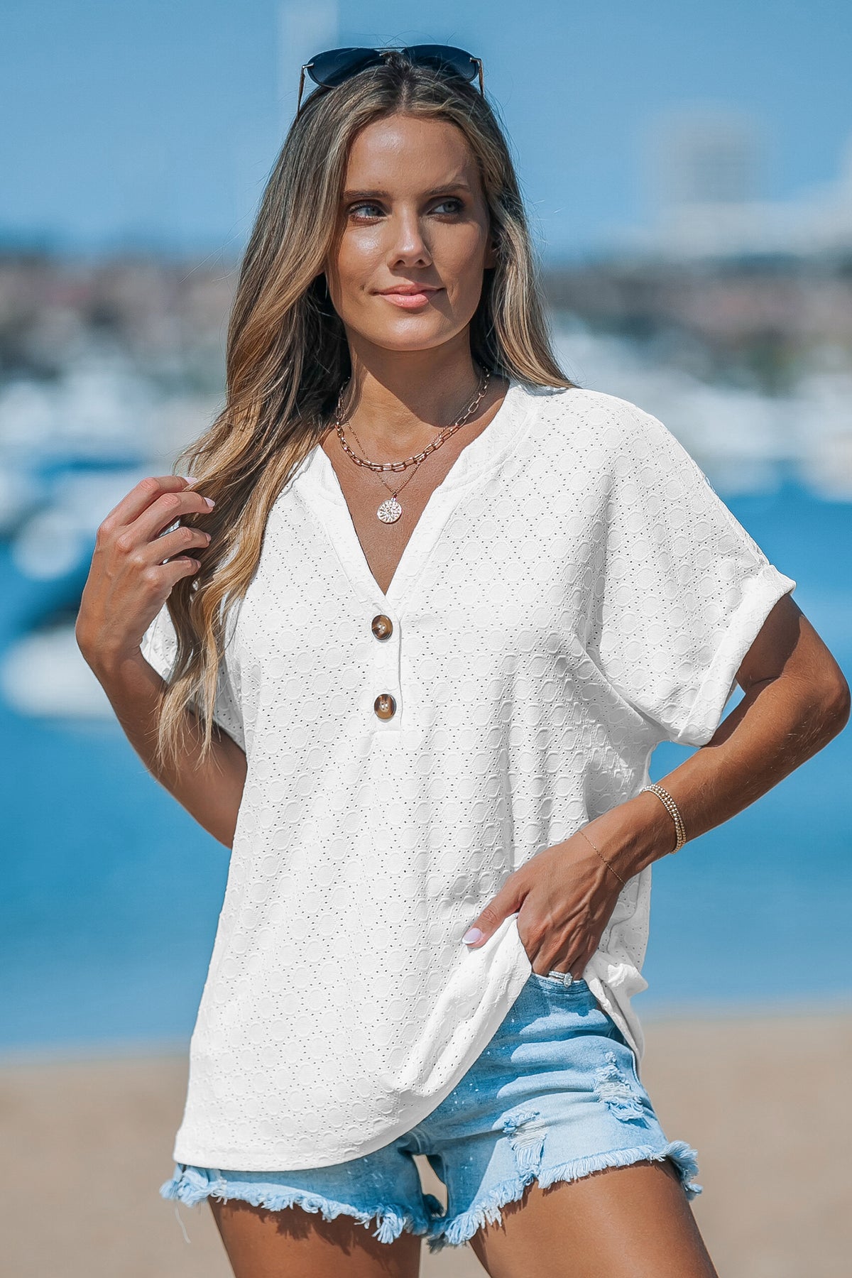 Cutout Textured V-Neck Tee
