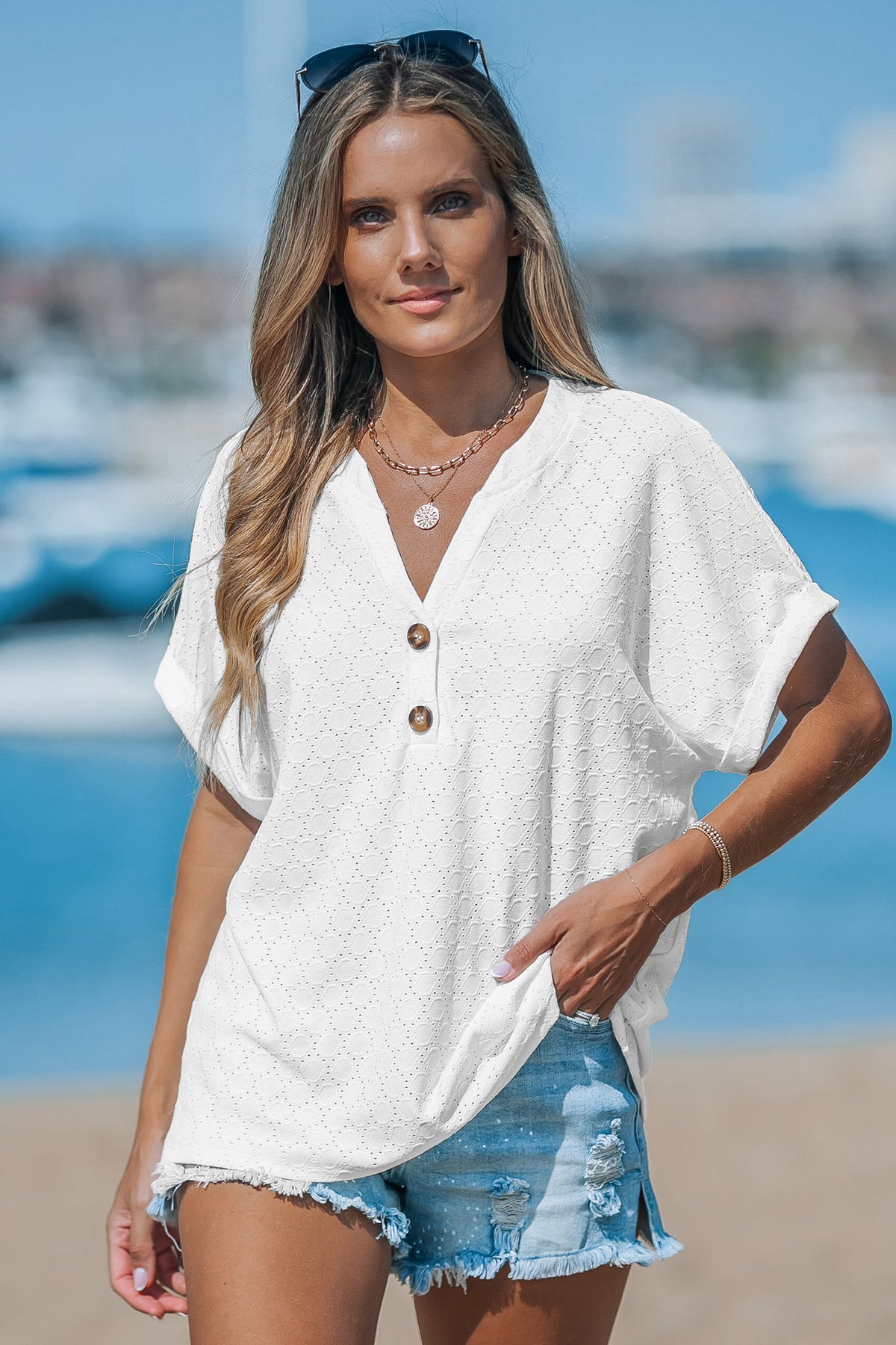 Cutout Textured V-Neck Tee