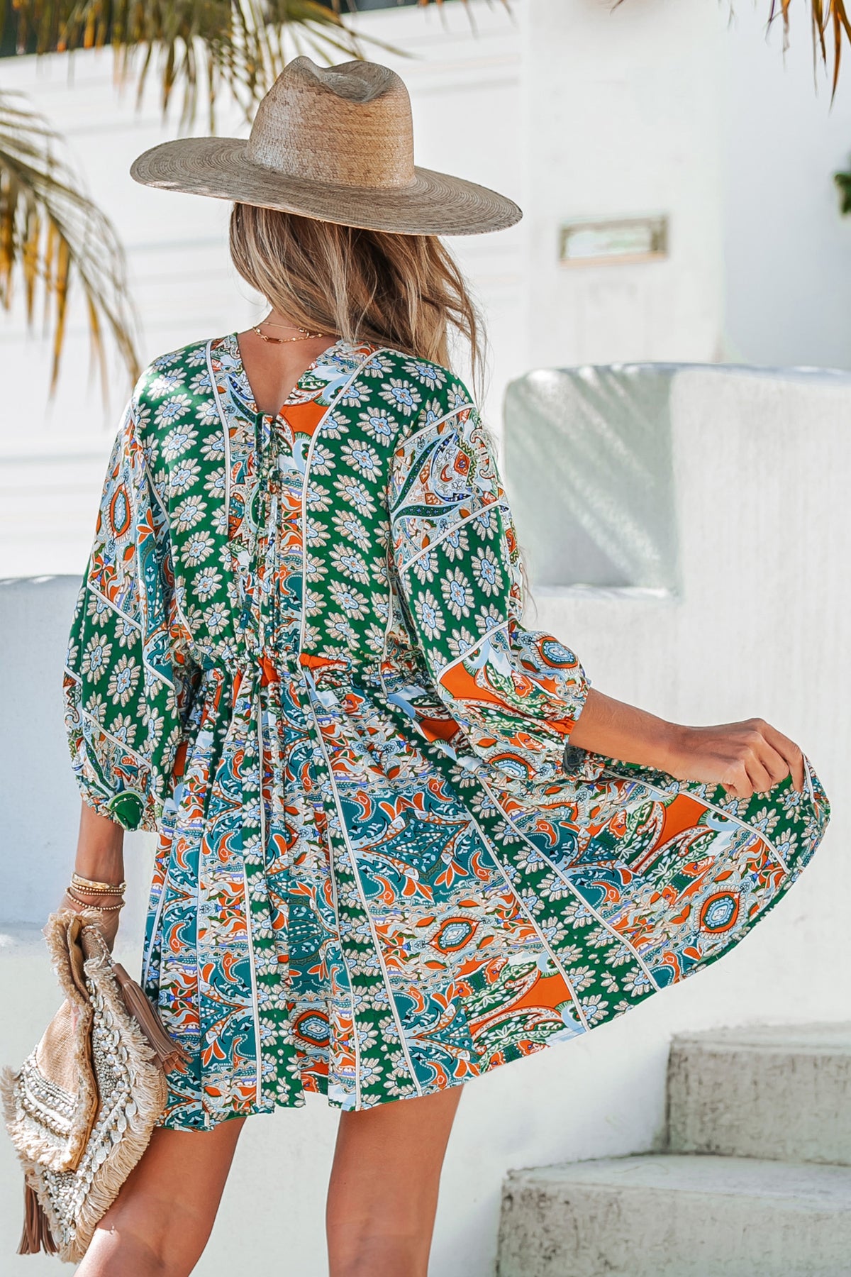 Floral Ornate Print Tie Front Dress