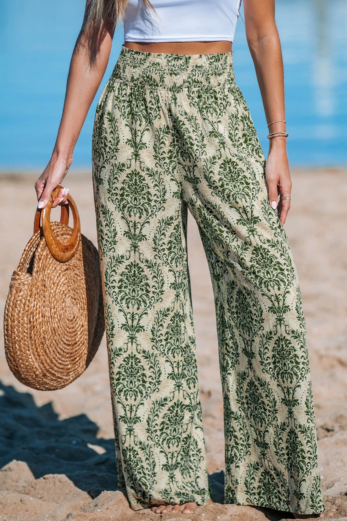 Green Damask Wide Leg Pants