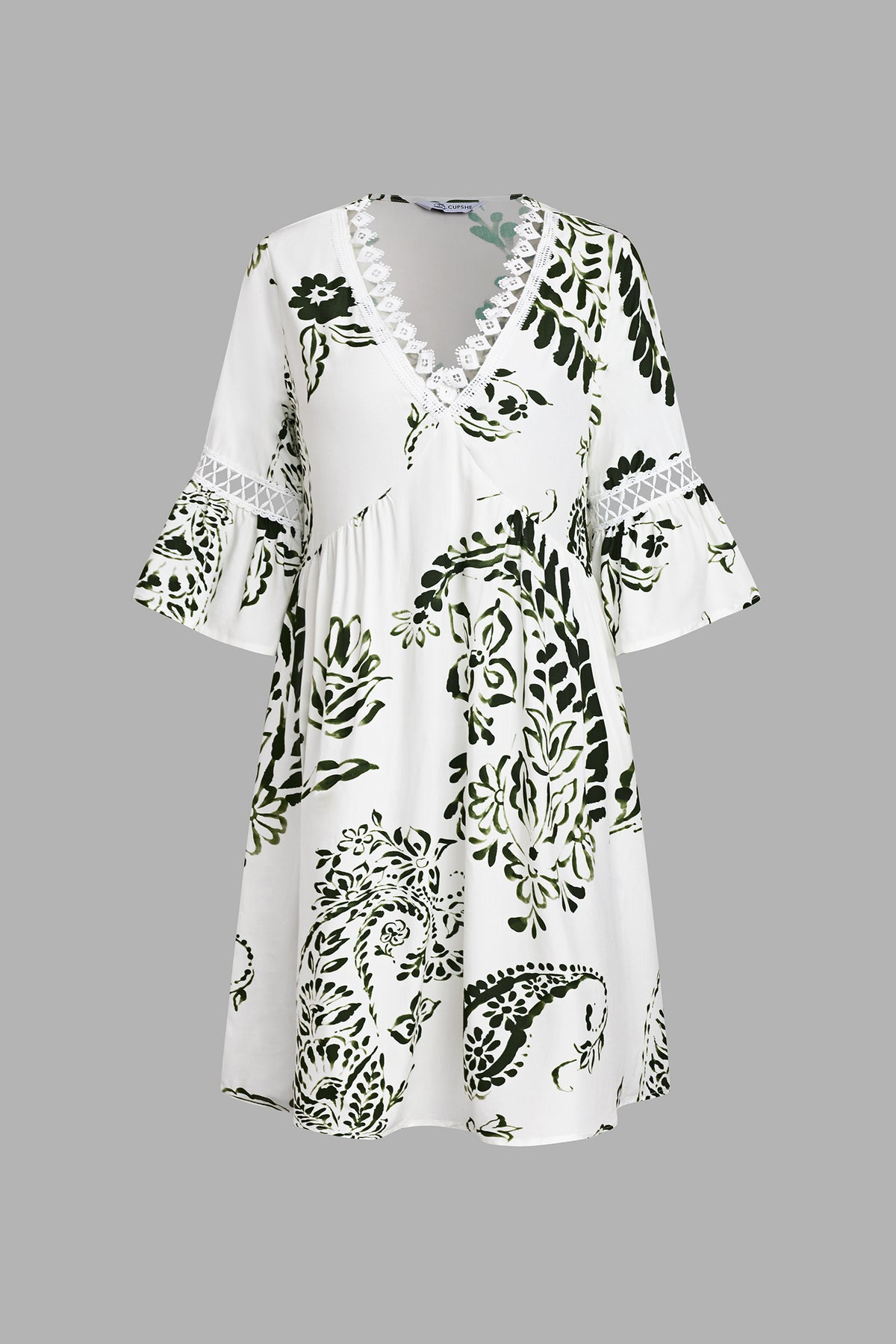Green Paisley V-Neck Mini Dress
