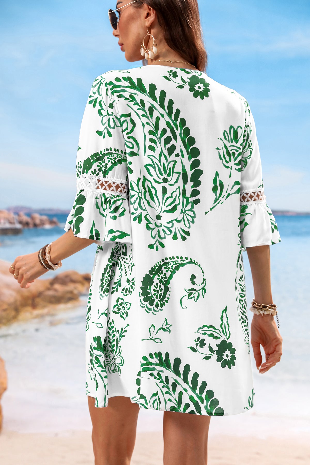 Green Paisley V-Neck Mini Dress