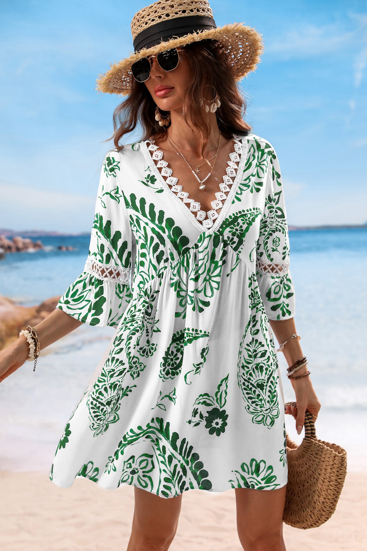 Green Paisley V-Neck Mini Dress