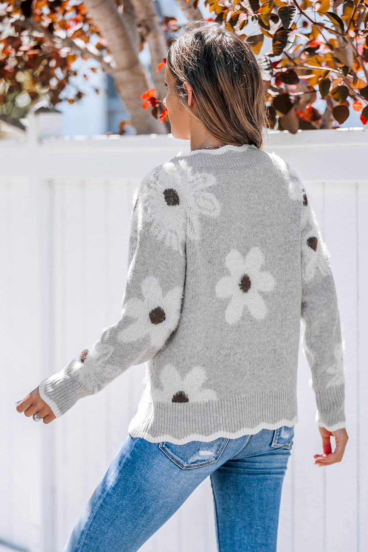 Grey Knit Daisy Scalloped Sweater