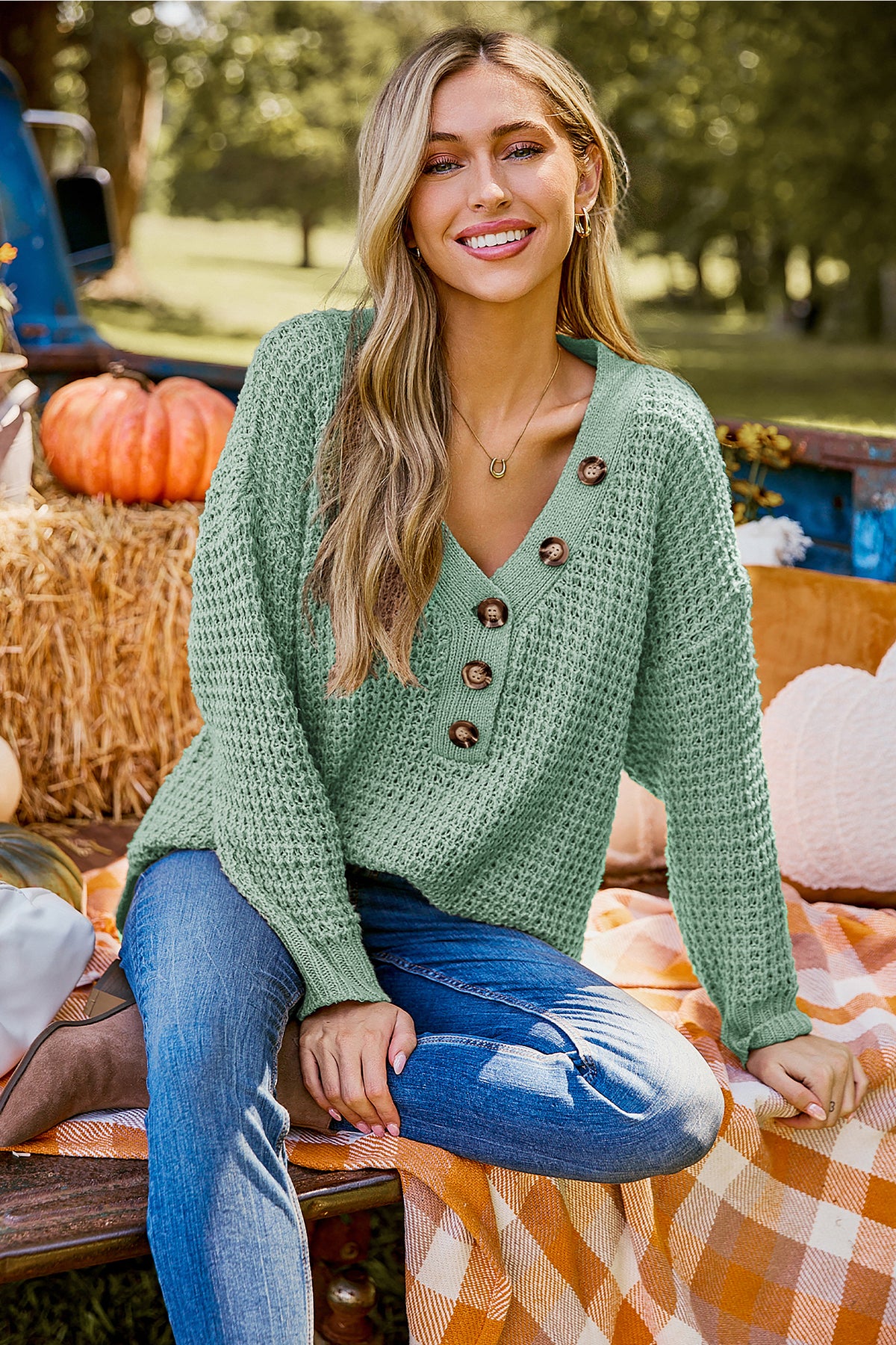 Here for a While Green Sweater