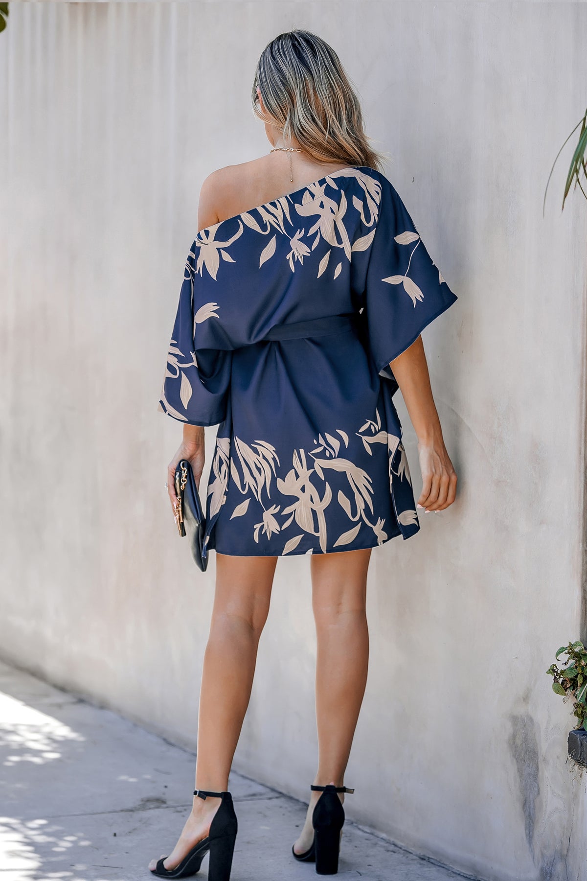 Leaf Print One-Shoulder Belted Dress
