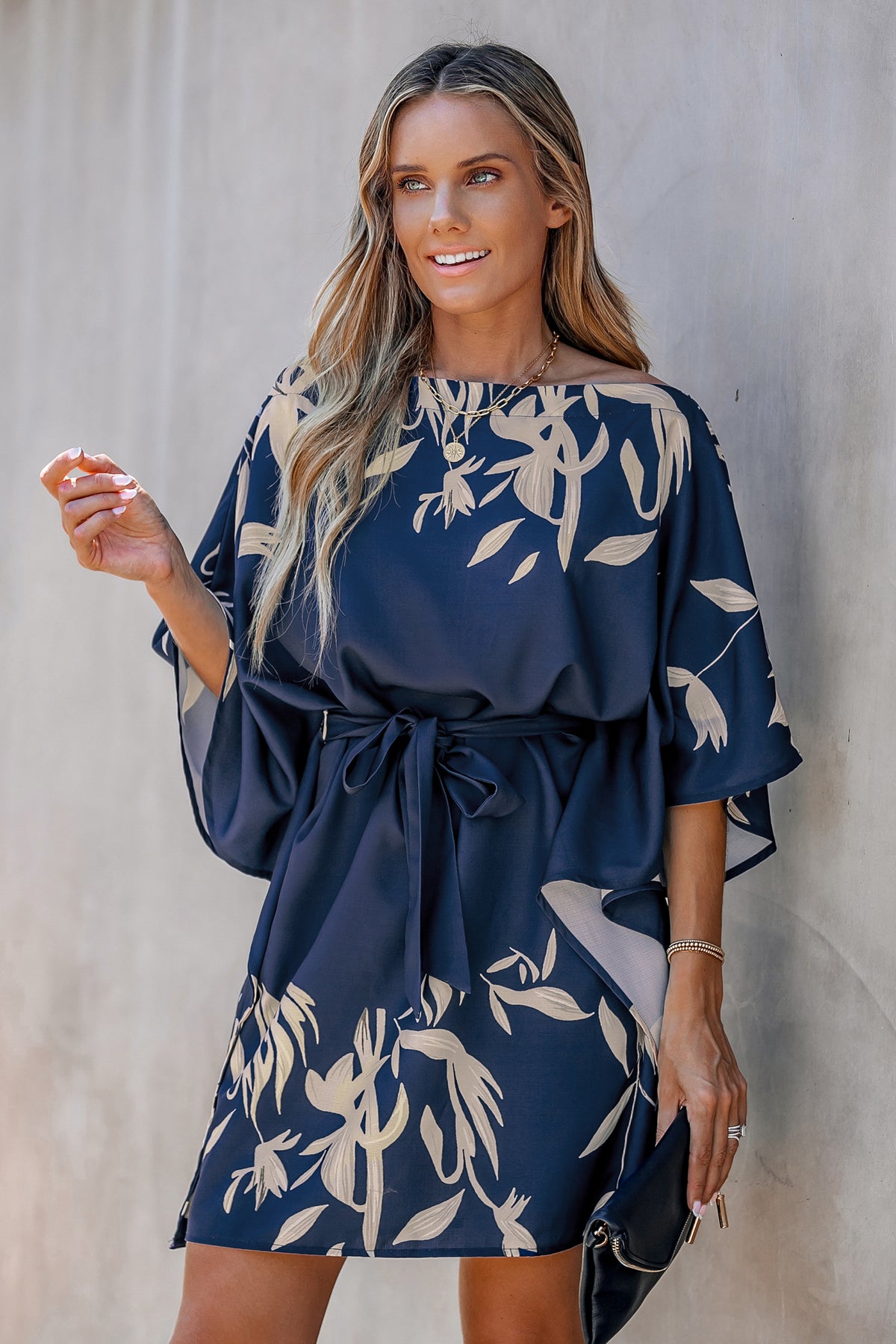 Leaf Print One-Shoulder Belted Dress