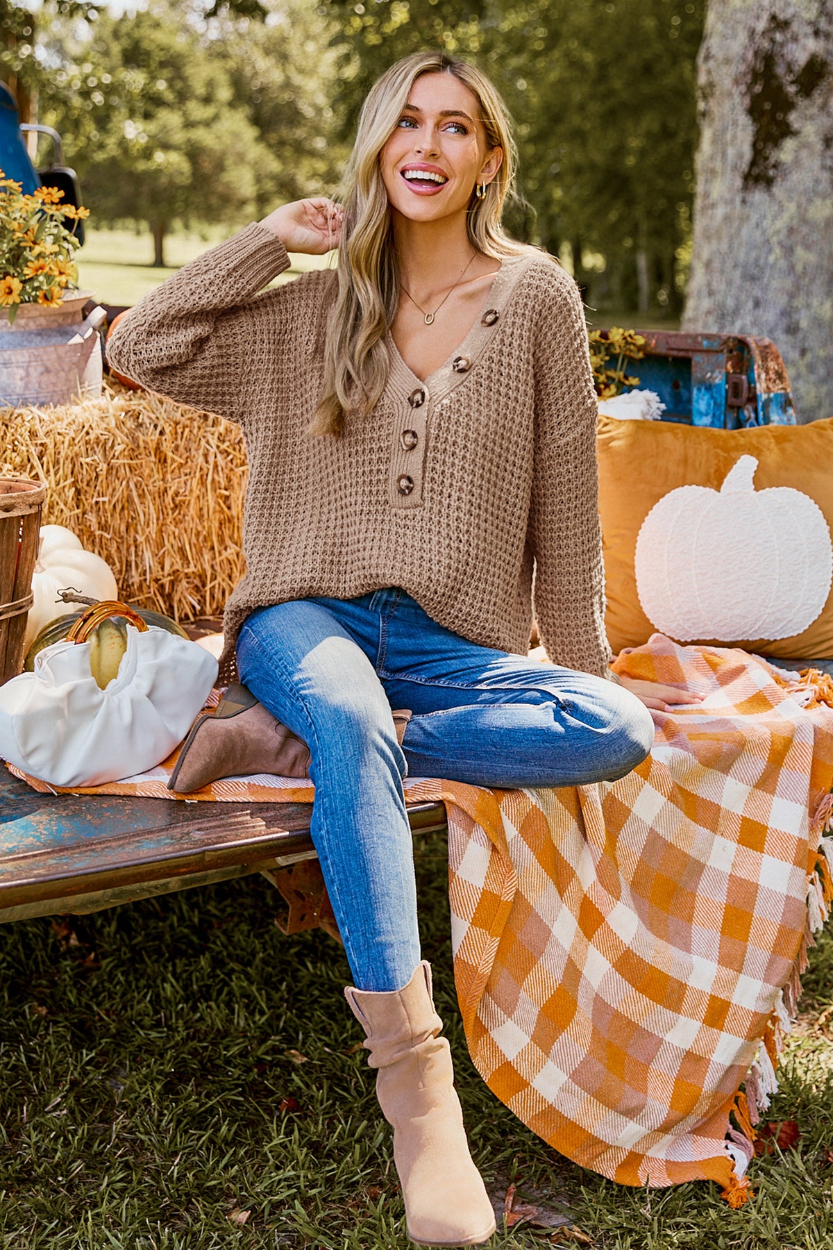Light Brown V-Neck Long Sleeve Henley Sweater