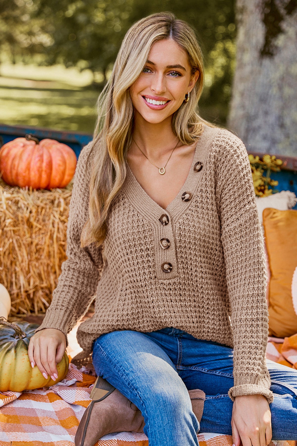 Light Brown V-Neck Long Sleeve Henley Sweater
