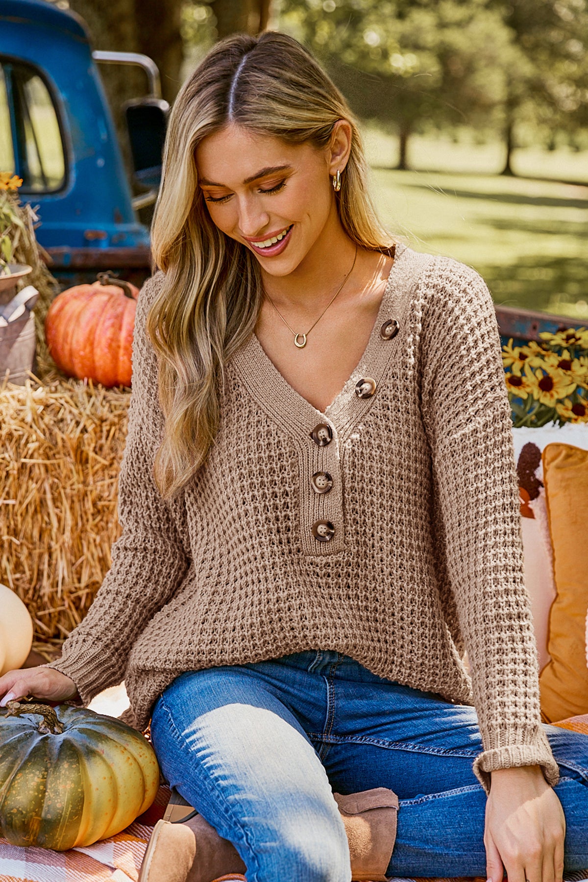 Light Brown V-Neck Long Sleeve Henley Sweater