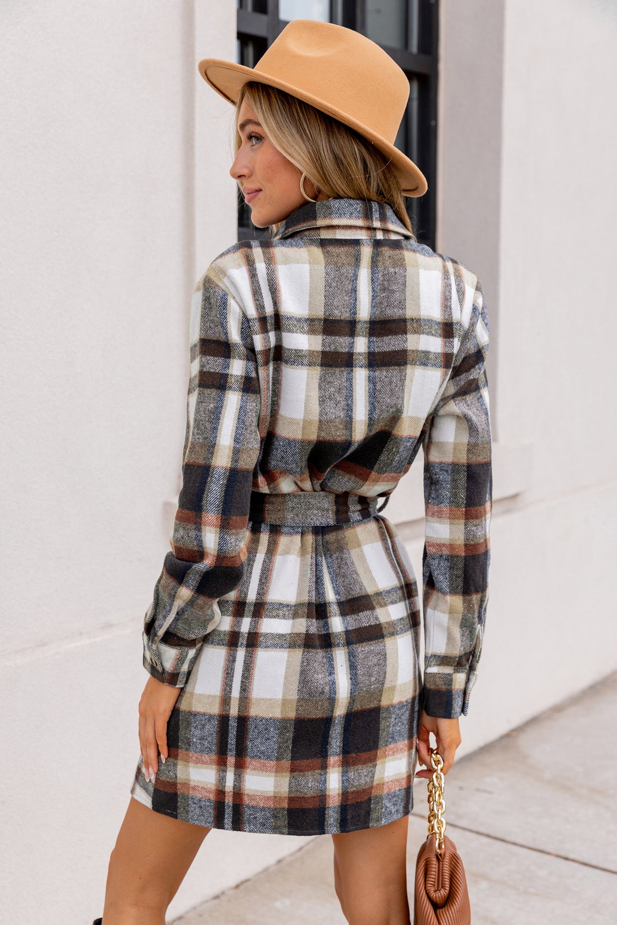 Plaid Collared Long Sleeve Front Button Mini Shirt Dress