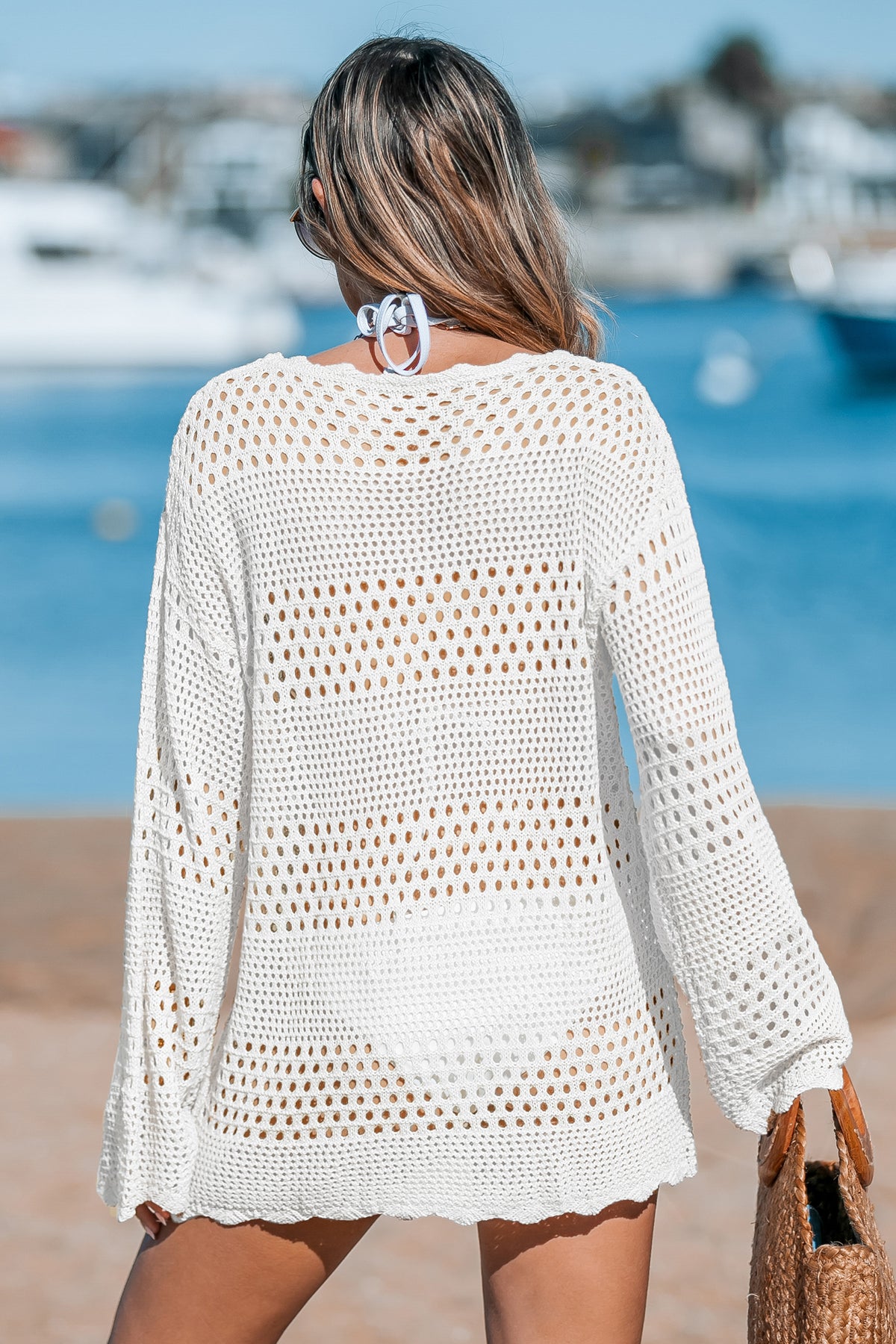 Scalloped Neck Cut-Out Crochet Cover-Up