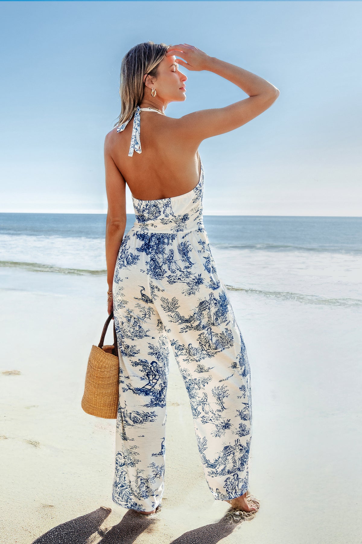 Toile Print Halter Neck Straight Leg Jumpsuit