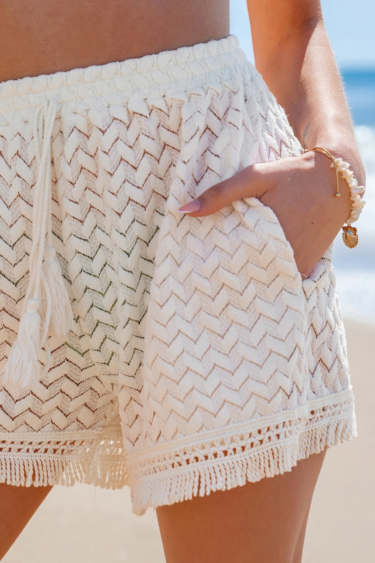 Woven Palms Beige Cover-Up Shorts