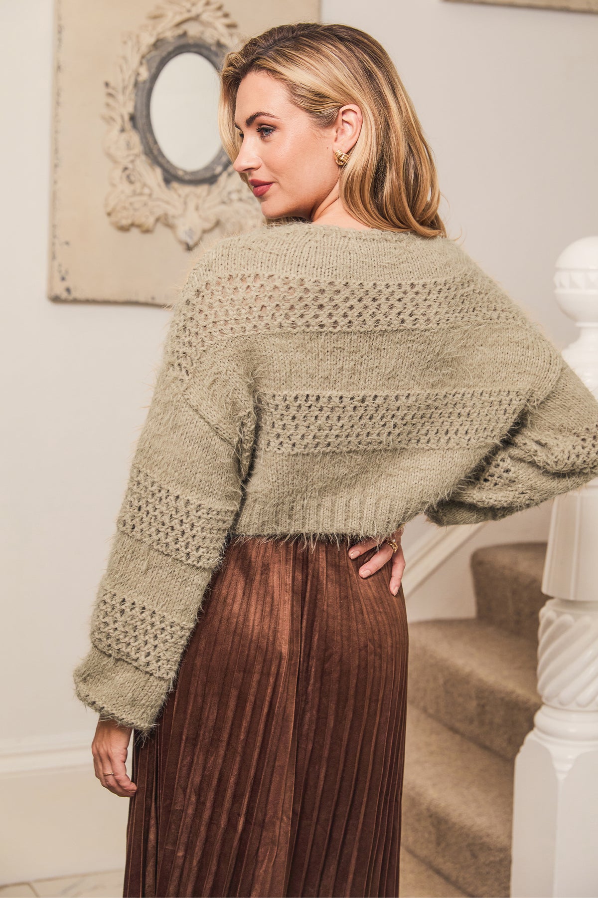 Camel Fuzzy Cutout Knit Sweater