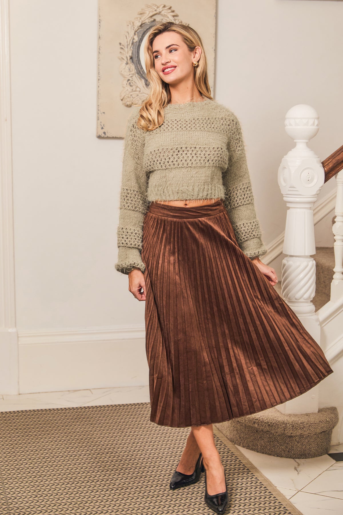 Camel Fuzzy Cutout Knit Sweater